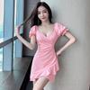Temperament Low-cut V-neck Bubble Sleeve Dress Summer New Waist and Thin Irregular Ruffle Leaf Edge Hip Skirt