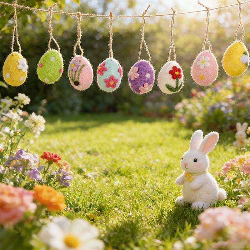 8pcs/lot Felt Easter Eggs with Rope Tree Ornaments Kids Gift Basket Filler Happy Easter Home Decoration Painted Flower Dot Eggs