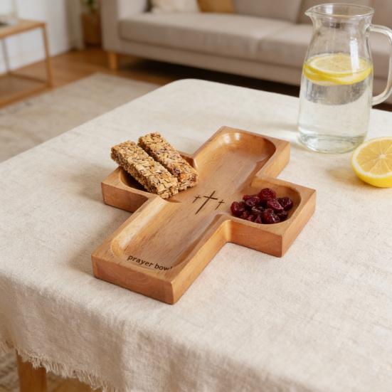 Wooden Prayer Bowl 4-Compartment Serving Tray for Bread Cakes Fruit And Desserts Reusable Dinnerware for Family Gatherings Party Supplies