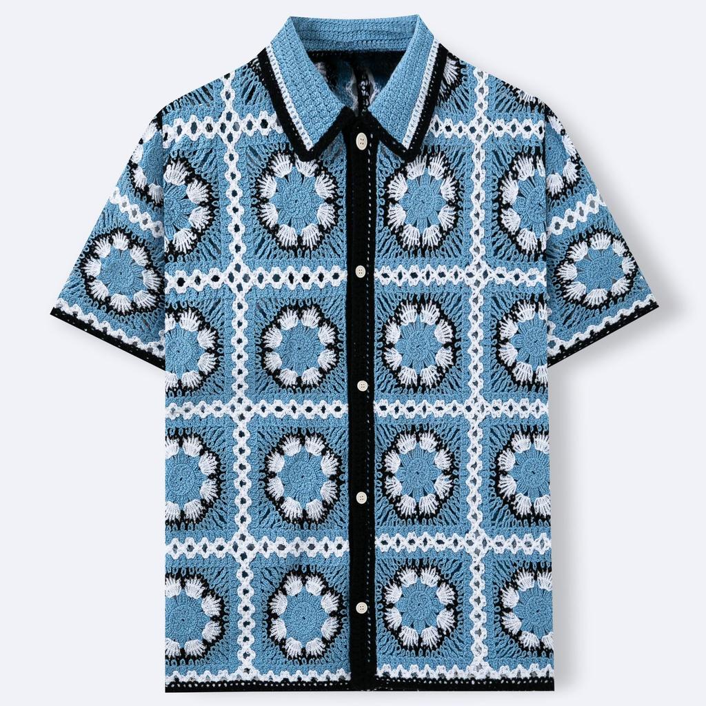Casual Button Down Shirt for Men Vintage Knitted Golf Beach Collared Shirts Tops Crochet Hollow Out Summer Vacation Top Men's Knit Short Sleeve Shirt