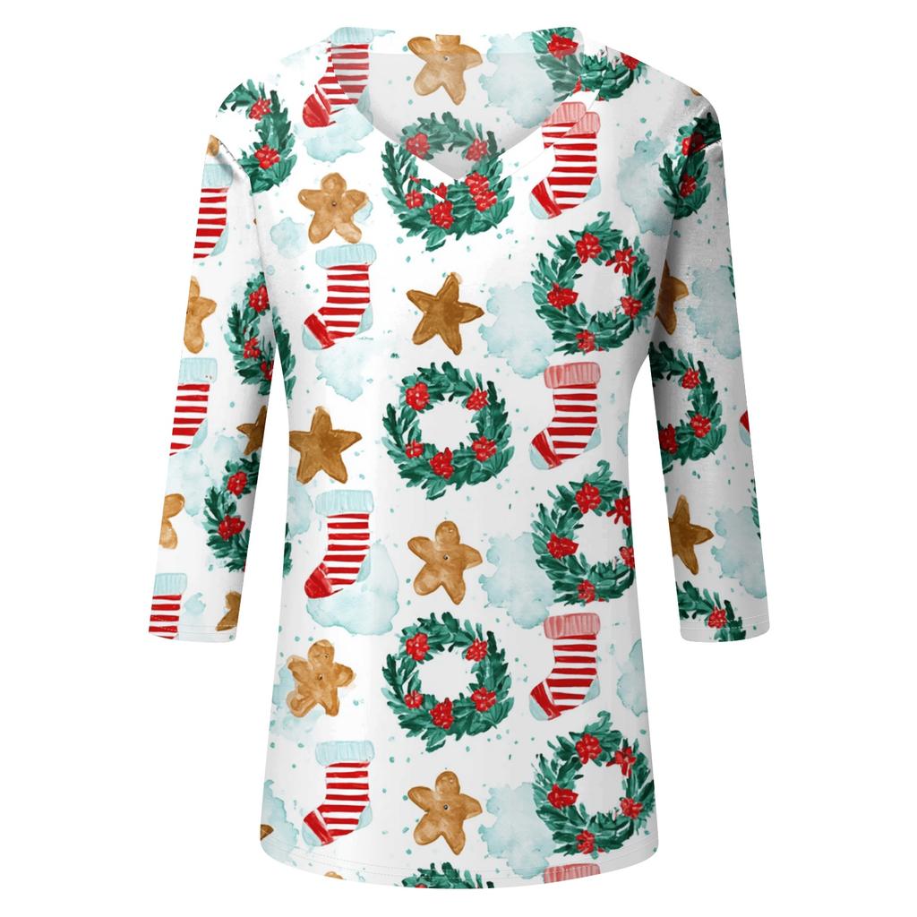 Women's Christmas Print V-Neck Three-Quarter Sleeve Loose Fit Casual Shirt