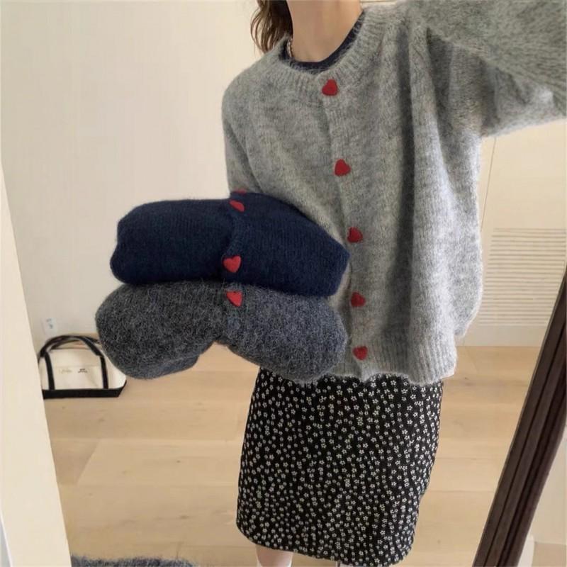 Womens Cute Heart Button Knit Cardigan Loose Fit Round Neck Sweater Fall Winter