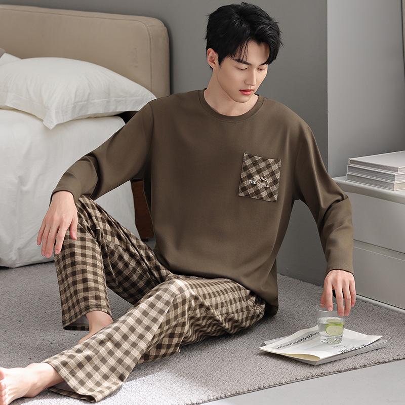Pajamas Men's Spring and Autumn Cotton Long Sleeve Teen Men's Autumn Thin Casual Can Wear Autumn and Winter Loungewear