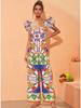 2024 European & American Women's Enamel Print Ruffle Swimsuit Set