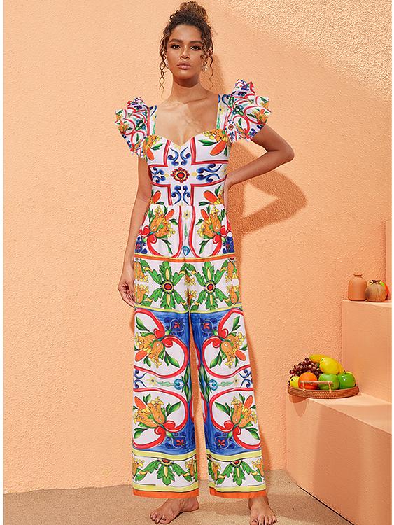 2024 European & American Women's Enamel Print Ruffle Swimsuit Set