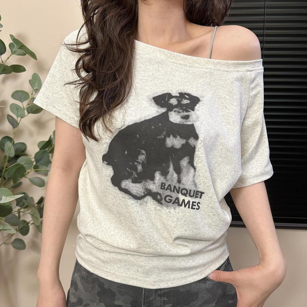 Loose Korean Puppy Print Slanted Shoulder Short-sleeved T-shirt Women's Summer Lazy Style Versatile Spice Girl Off-shoulder Top Trend