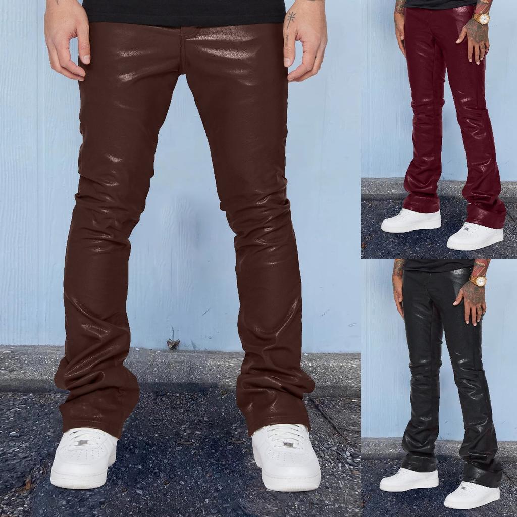 Men's Spring and Autumn Stretch PU Leather Pants Streetwear Casual Biker Pants