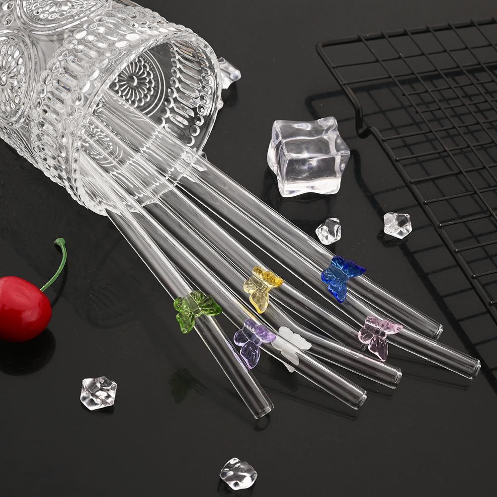 8 Stück Glasstrohhalme mit Schmetterlingsdesign und Bürste 200*8mm Wiederverwendbares Trinkhalm-Set Milchshakes Cocktail Kaffee-Strohhalme Haushalts-Bar-Zubehör