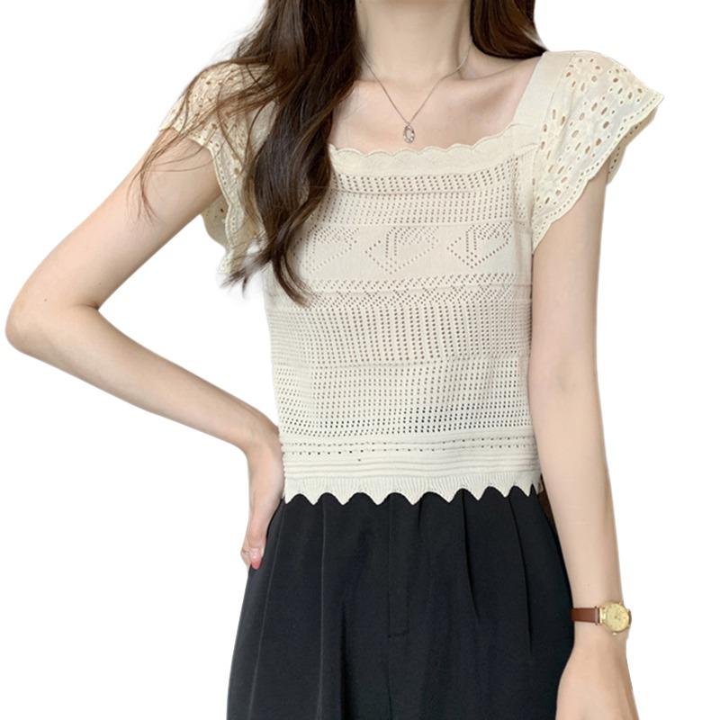Women's Tops Solid Color Hollowed Out Sweet Square Neck Short Sleeve T-shirt