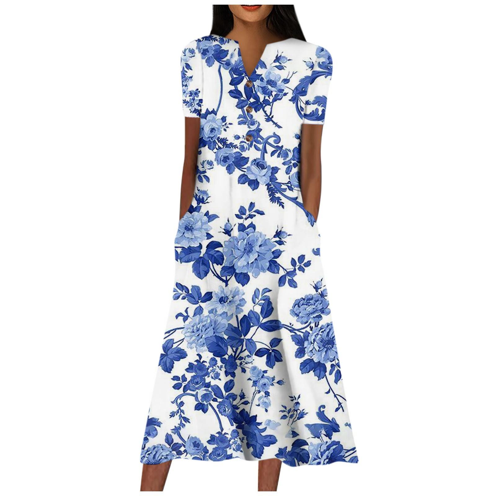 

Жіноча сукня з V-подібним вирізом і короткими рукавами. Повсякденна сукня з принтом у горошок і кишенями S синій