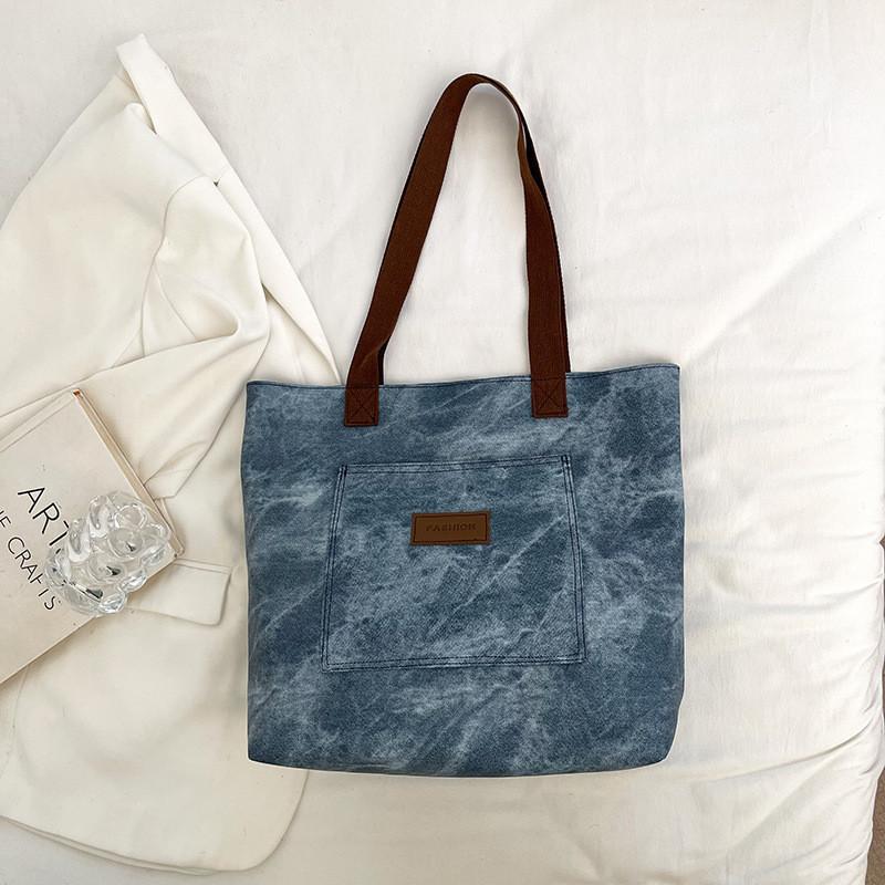 Large Capacity Canvas Tote Bag For Women With Stylish Streetwear Design In Gray Brown And Blue