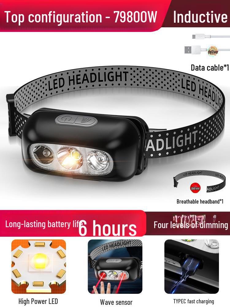 "Rechargeable Super Bright Headlamp for Outdoor Night Fishing - Ultra-Light, Long-Life, Induction-Controlled"