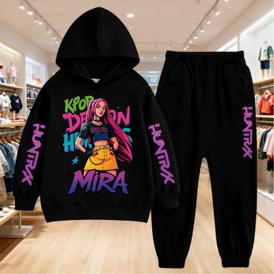 KPop Dämonenjäger Druck Kapuzenpullover Kinderkleidung Kinder Hoodie+Hose Geeignet 5-14 Jahre Jungen Mädchen Rosa Schwarz Set Sweatshirt