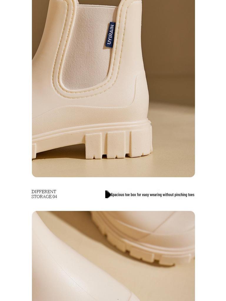 Women's Waterproof Non-Slip Rain Boots with Thick Soles and Mid-Low Shaft – Elastic Opening for Added Comfort.