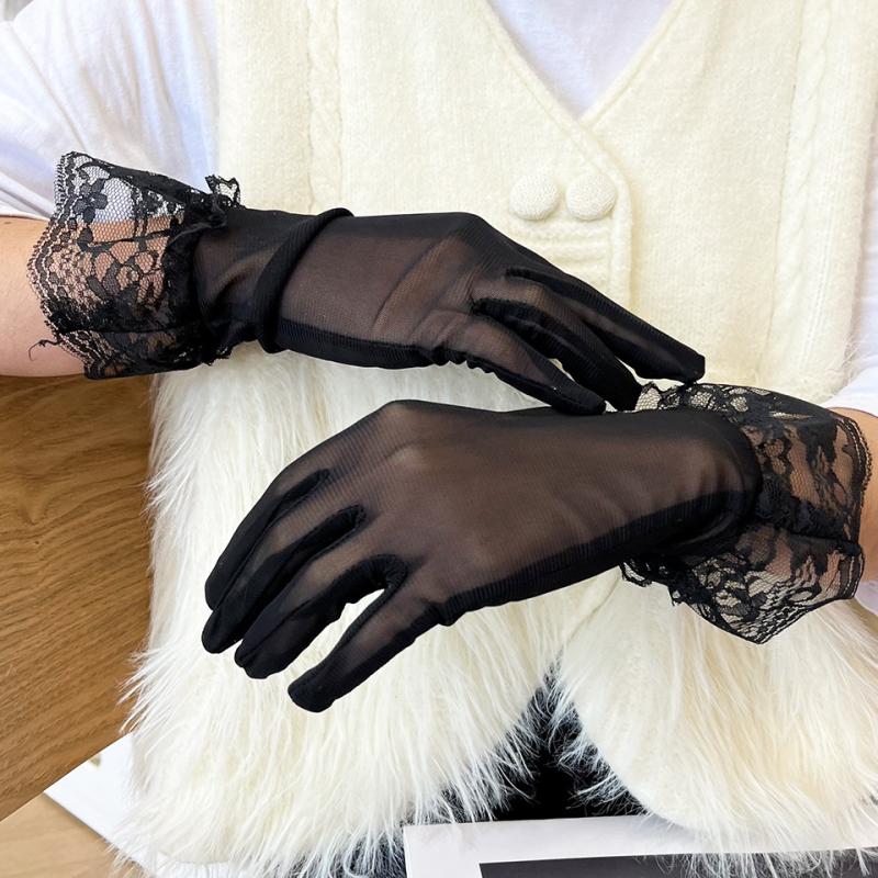 

1 пара женских прозрачных сетчатых перчаток с кружевной отделкой, милый бант из ленты, тонкие полупрозрачные перчатки, стиль Лолита, тюлевые перчатки, декор для банкетного этикета