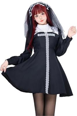 SUNNYSTEP Sister Cosplay Cross Lace Gothic Costume, Long Sleeve Gothic Lolita Dress, Nun, Virgin Mary, Black, White, Mini Dress, Cute (Black, XL)