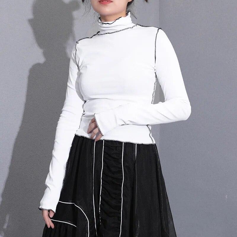 Dámský bílý rolák s ozdobným prošíváním, vysoce elastické slim tričko, nový módní rolák s dlouhým rukávem, jarní/podzimní crop topy