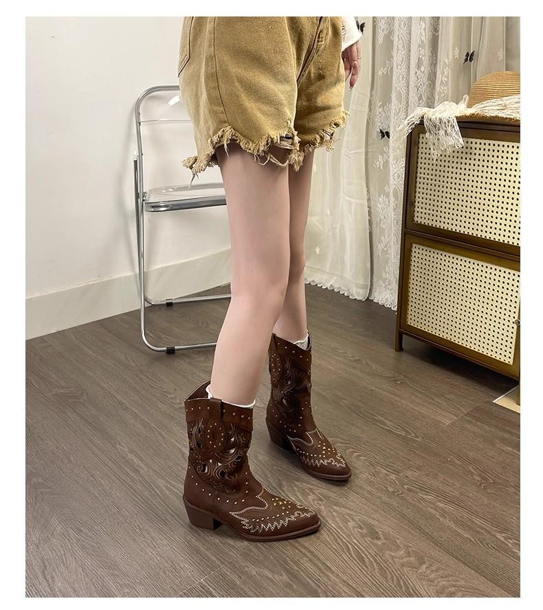 Retro pointed versatile hollow thick-soled western boots women's embroidery slim long cowboy boots thick heel high tube Martin boots