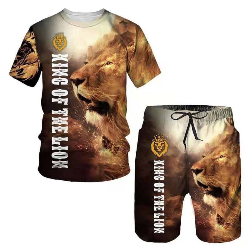 Summer Lion Animal Pattern Printed Men's Casual Comfortable Loose Short Sleeved Two-piece Sport Wear