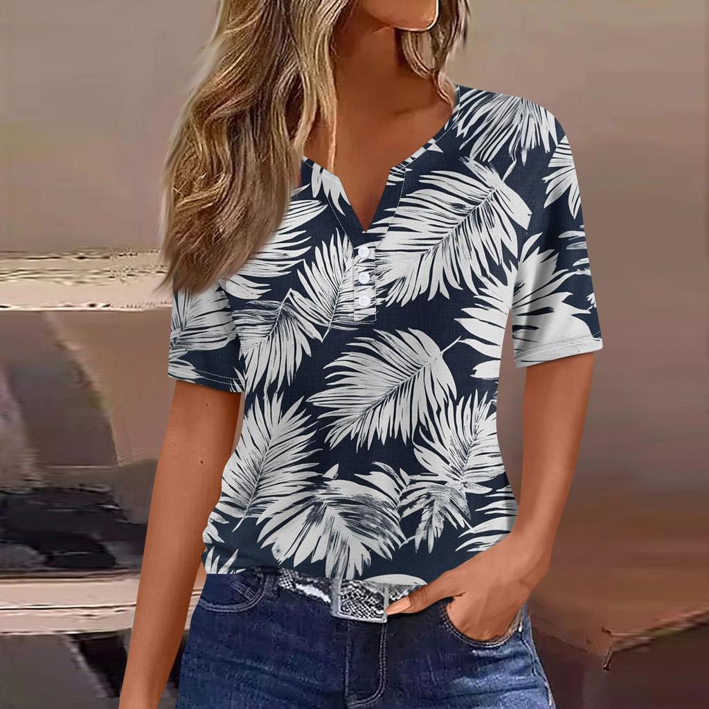 Women's T Shirt Tee Print Button Short Sleeve Daily Weekend Fashion Basic V- Neck Regular Top