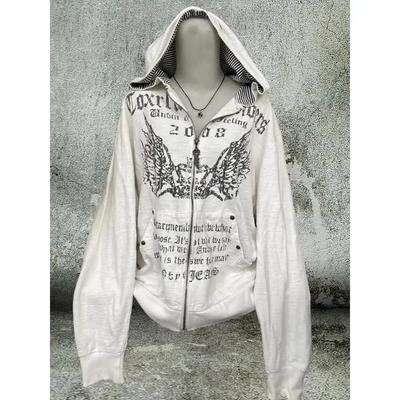 2000s Retro Vintage Sweatshirt Women Clothes White Print Tunic Hooded Y2k Coat Streetwear Fashion Casual Hoodies Tops Ropa Mujer