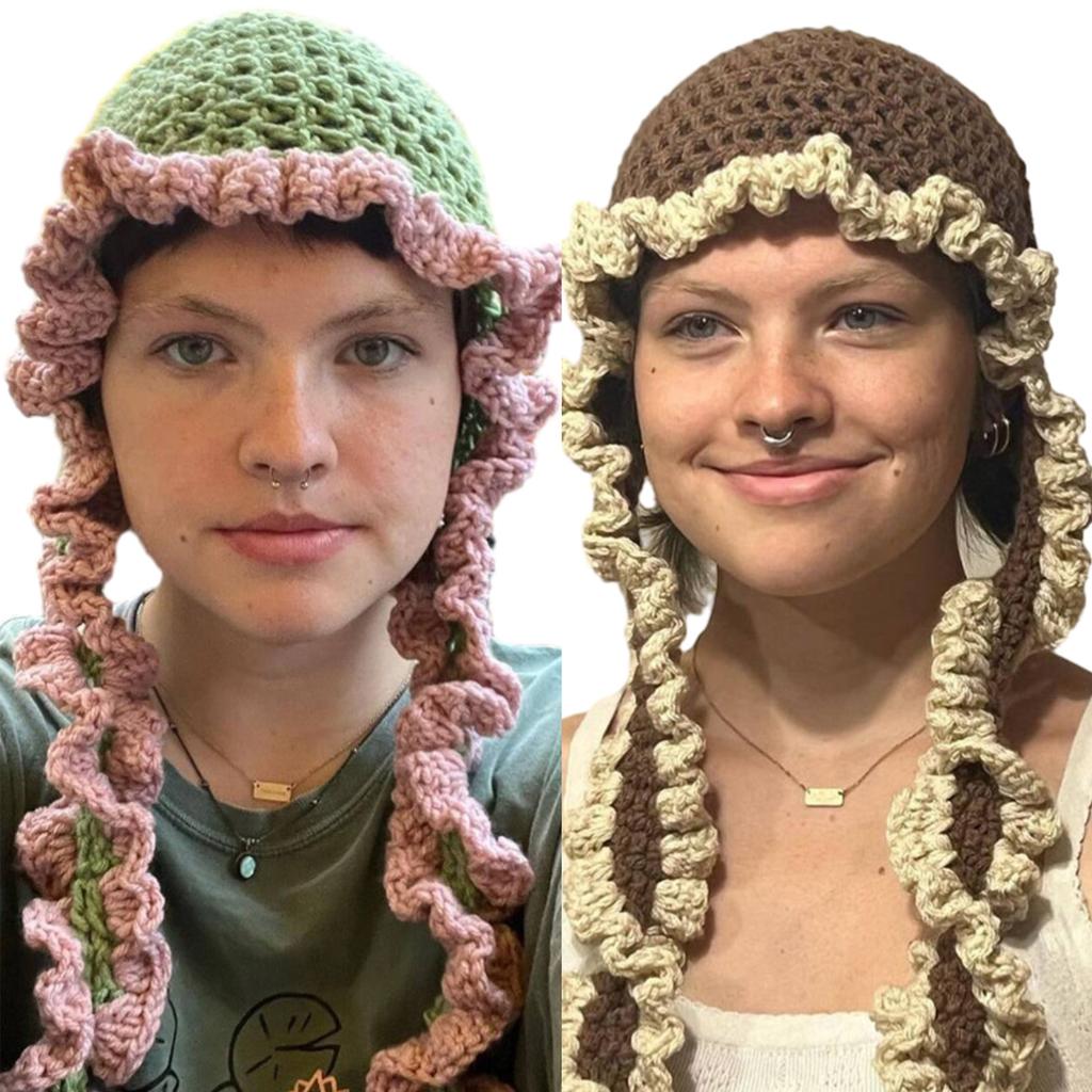 Knit Hollow Hat for Women Handmade Beanie Hat Girl Sun Protections Cap Fashion Ruffle Edge Hat Teens Fashion Headwear