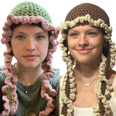 Knit Hollow Hat for Women Handmade Beanie Hat Girl Sun Protections Cap Fashion Ruffle Edge Hat Teens Fashion Headwear