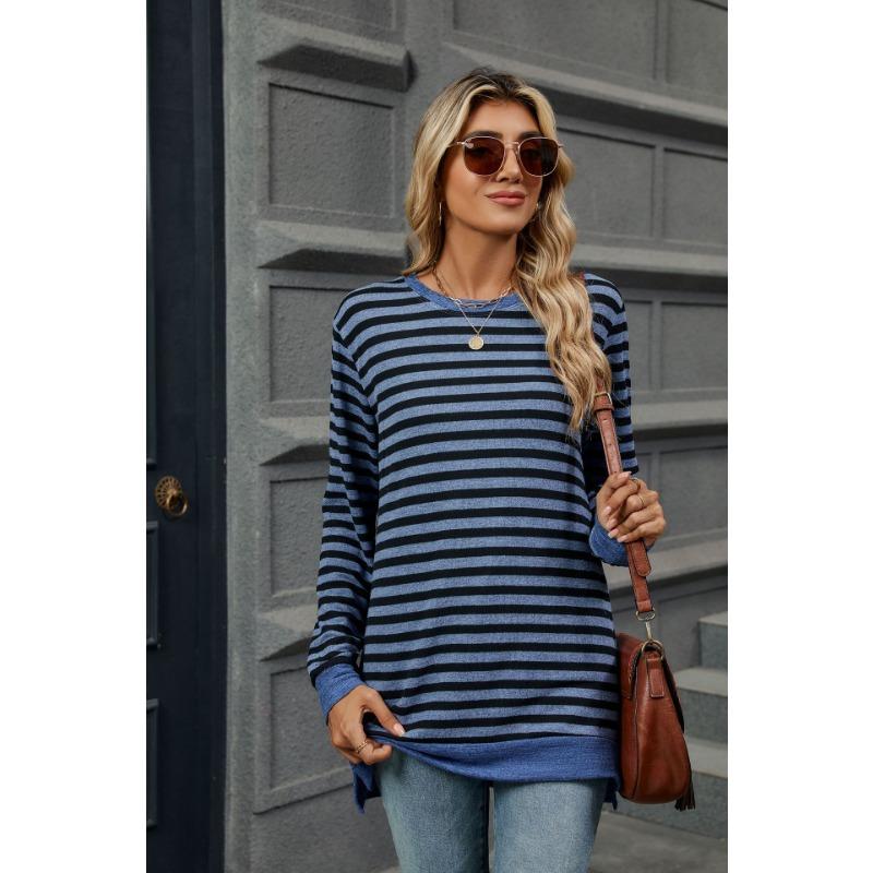 Autumn and Winter Women's Blouse Plus Size Striped Clashing Round Neck Long Sleeve Loose Top