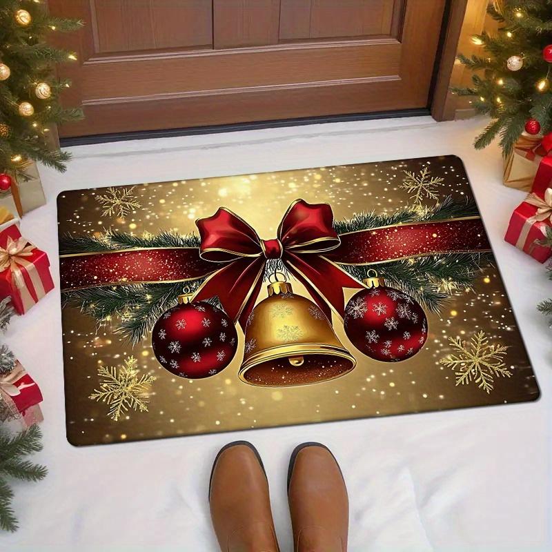 1pc Festive Christmas Doormat  Thickened  Sponge Mat with Golden Bell & Red Ornaments Design, Machine Washable, 40x60cm