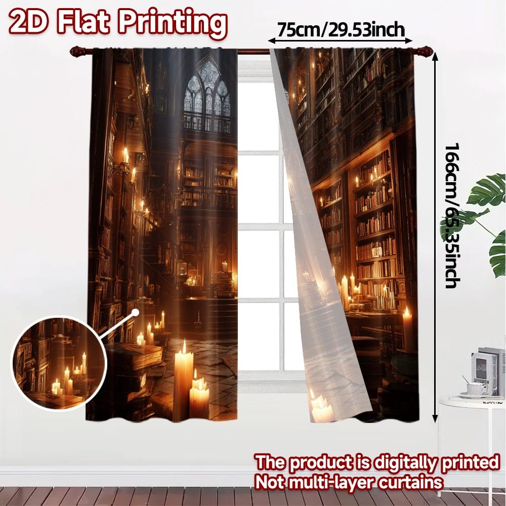 2pcs, 2D FLAT PRINTING Curtains (Without Rod) Mystic Library Creative Chic Curtains Durable Polyester Curtains Decorations