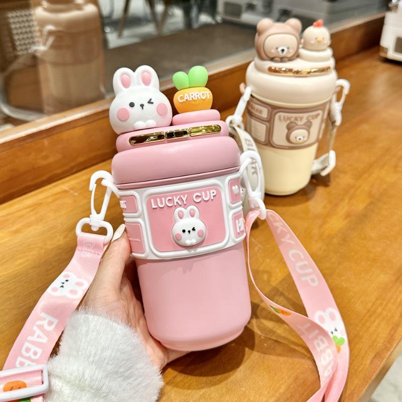 550ml 316 Stainless Steel Kids Straw Insulated Cup, Cute Rabbit/Bear Print Dual-Water Flask with Strap