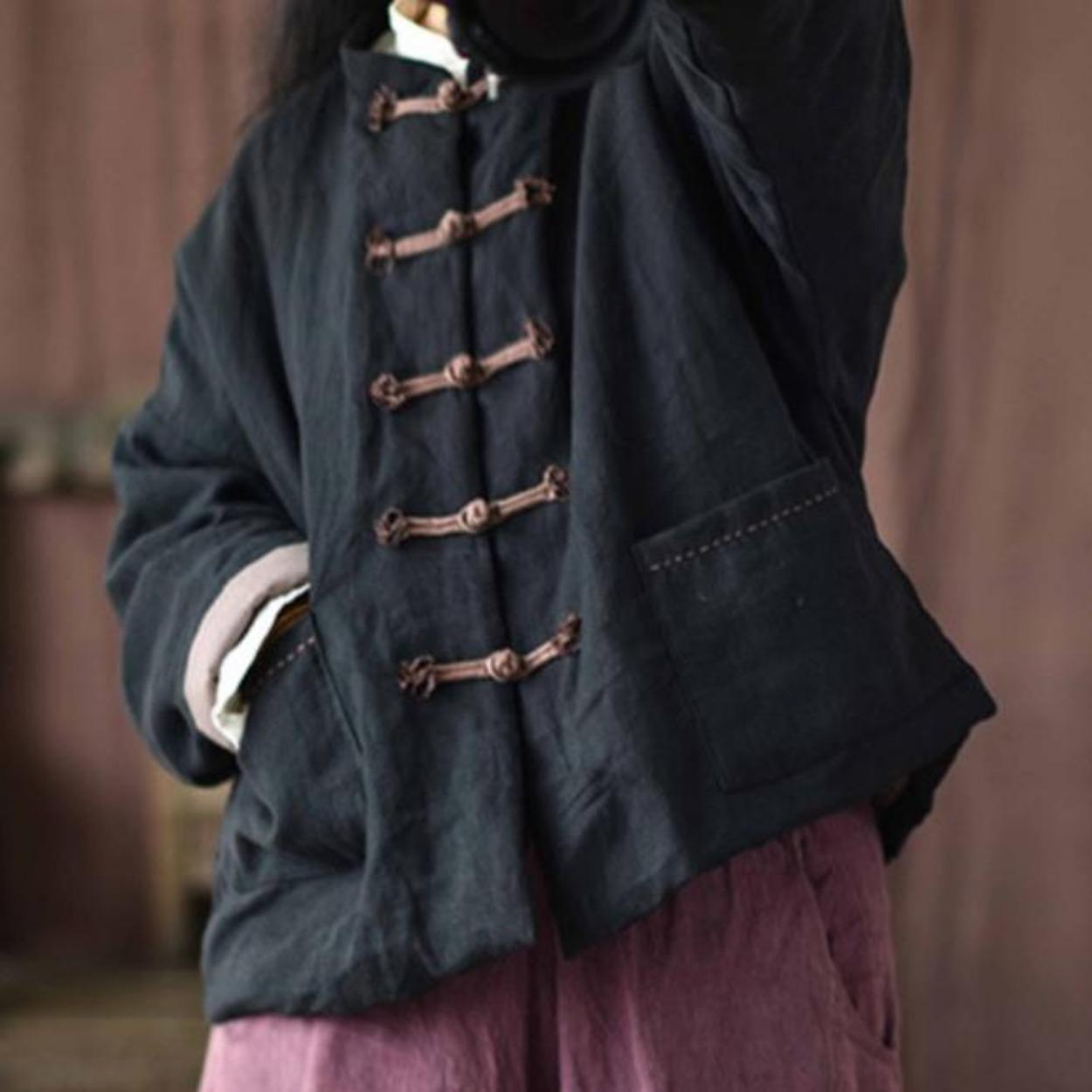 

Женские винтажные льняные парки на пуговицах, однотонные пальто, зимние пальто со стойкой и хлопковыми карманами, женские китайские парки One Size чёрный