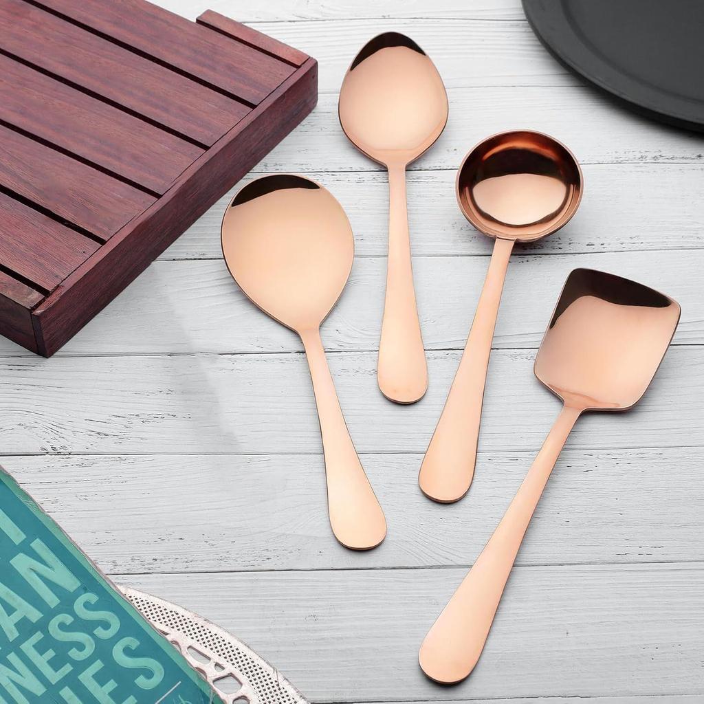 4 Pieces Stainless Steel Rose Gold Serving Spoons Set for Dining Table/Kitchen, 1.8 Mm Heavy Gauge