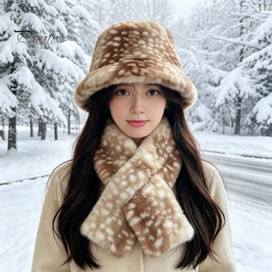 Cute Aesthetic Winter Hat Women Spotted Deer Hat, Faux Fur Bucket Scarf, Brown White Gradient Soft Cozy Furry Fisherman for Girls, Autumn Accessory