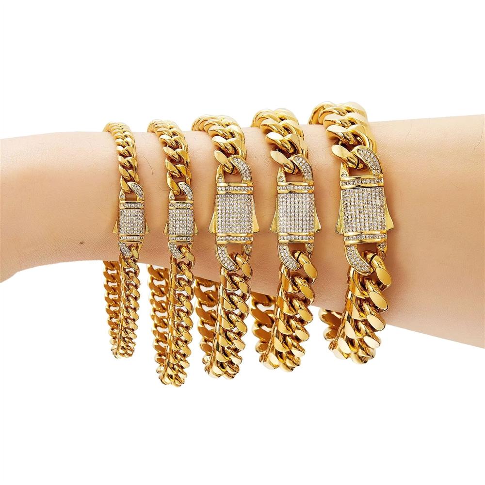 6/8/10/12/14mm Iced Out CZ Spring Clasp Cuban Link Chain Bracelet 18K Gold Plated Stainless Steel Bracelet for Men