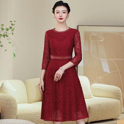 2024 Spring Elegant Three-Quarter Sleeve Lace A-line Dress with Hot-fix Rhinestones for Women