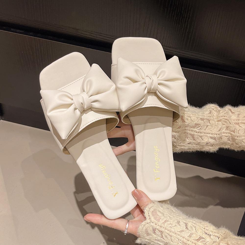 Mode Sommer Große Größen Ein-Riemen Unifarben Schleife Flache Sandalen Outdoor Strand Hausschuhe Elegante Damenschuhe 2026
