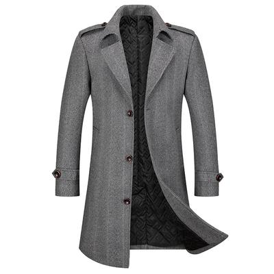 Herringbone Wool Cotton Coat Men's Lapel Medium and Long Woolen Men's