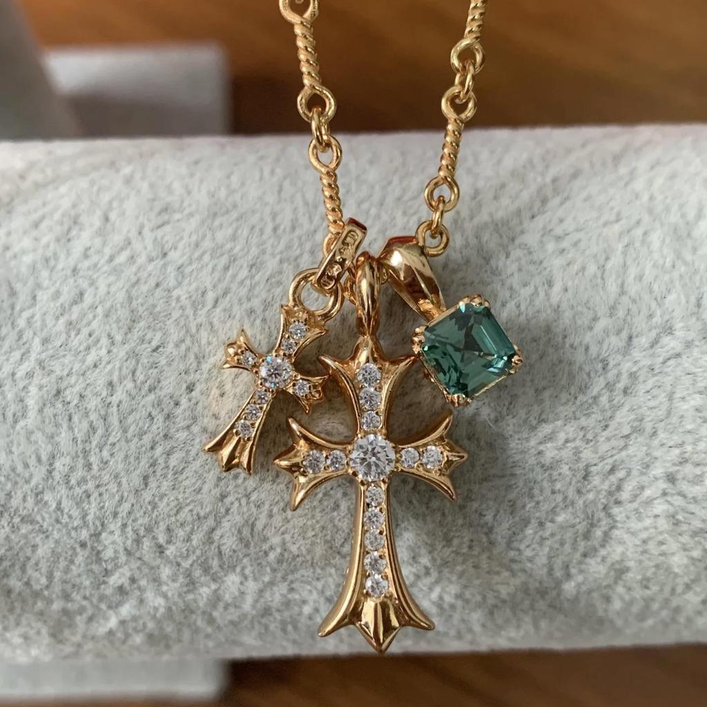 Gold-Plated S925 Sterling Silver Double Cross Necklace with Blue Diamond Accent - Unisex Hip Hop Pendant