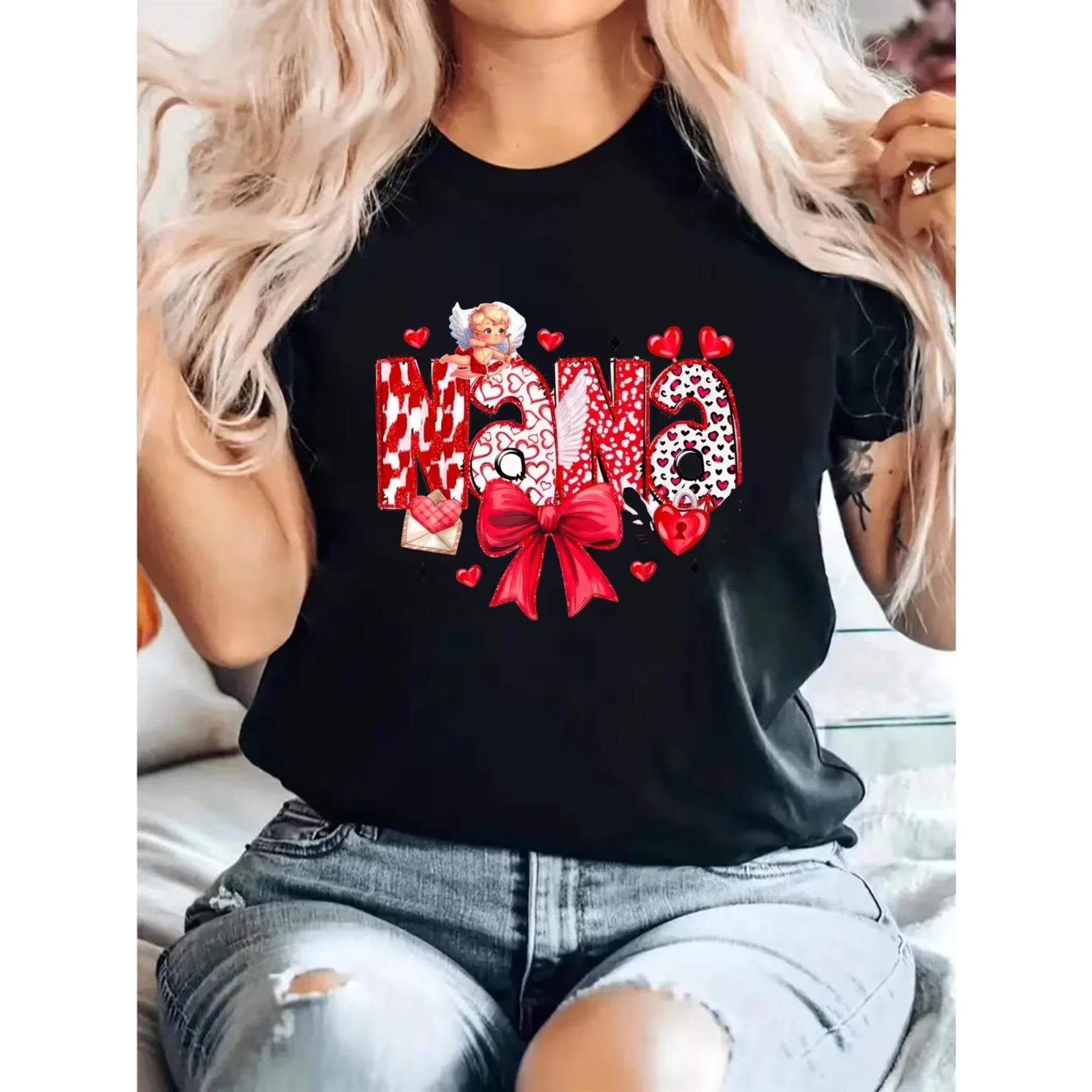 

Women s Cupid Valentine s Day T-Shirt - Short Sleeve Round Neck Blouse with Red & Black Heart & Cupid Print, Fitted Top XXL чорний