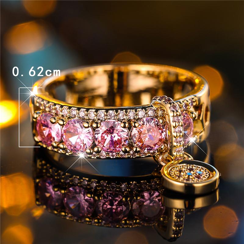 Luxury Female Pink Round Zircon Stone Engagement Ring Yellow Gold Color Wedding Jewelry For Women