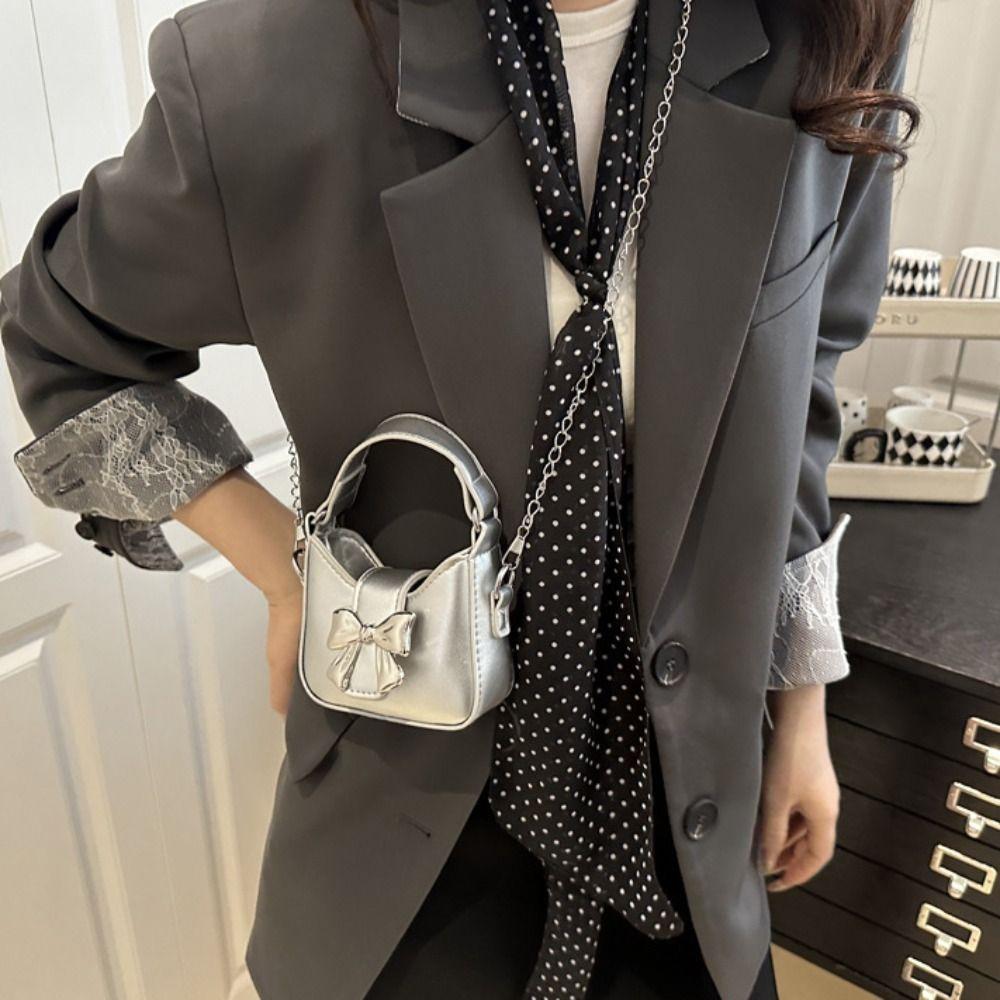 Pu Leather Bow Buckle PU Bag Mini Women's Shoulder Bag Trendy Silver Bucket Bag Makeup Bag