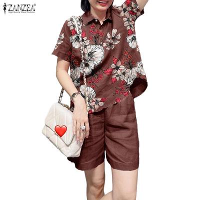 Damen Kurzarm Print Bluse und Shorts Sommer Zweiteilige Anzug Sets