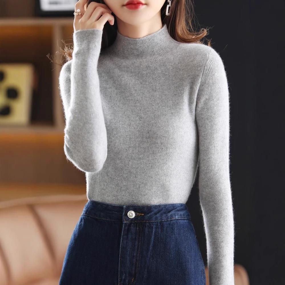 Women's Black Wool Semi-High Neck Base Layer Sweater - Soft, Comfortable, Slimming Fit for Autumn/Winter.