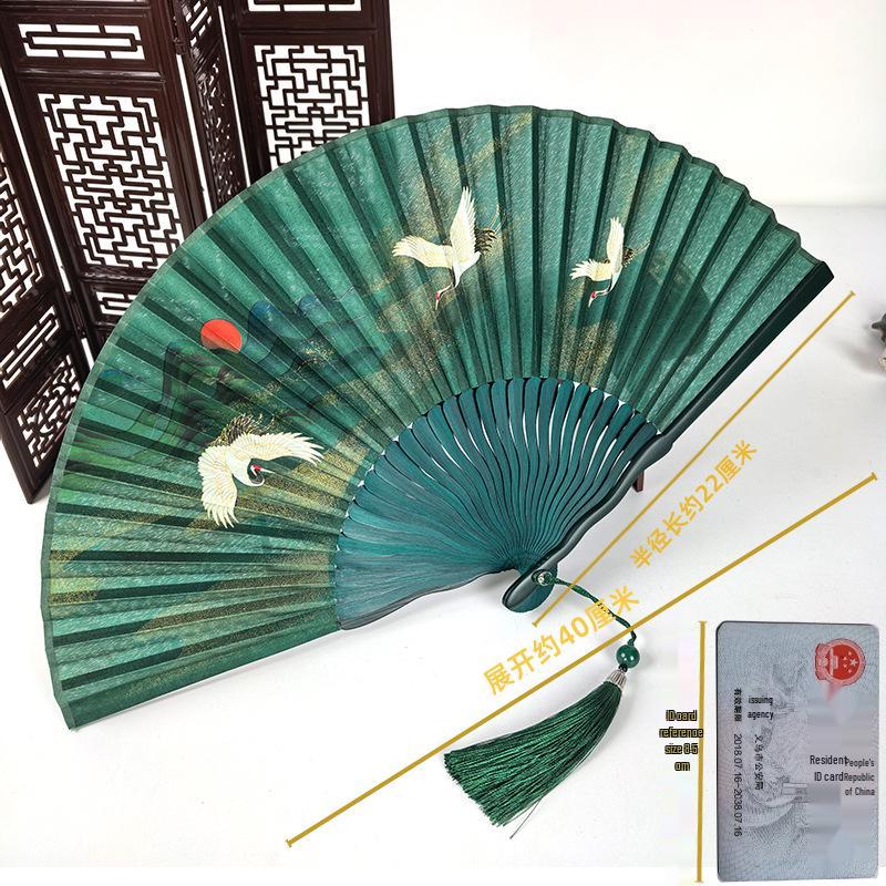 Women s Portable Green Crane Folding Fan - Ancient Chinese Style