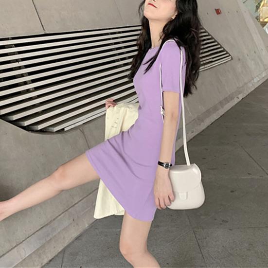 Kadın Elbise Düz Renk Basit Yaz O Yaka Kısa Kollu Etek Randevu İçin