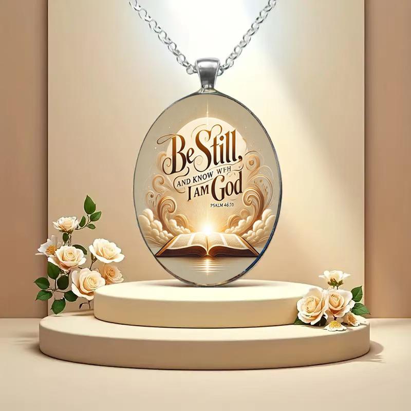 A Christian women's Bible verse religious pendant necklace, time gem glass pendant stainless steel necklace for men and women
