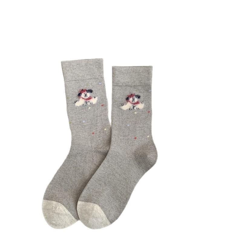 Cute Plush Puppy Cashmere Socks, Women's Mid-calf Socks, Autumn and Winter Thickened and Fleece Warm Cartoon Wool Long Socks