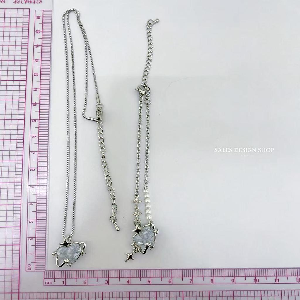 Exquisite French Ice Blue Star Crystal Heart Bracelet & Necklace Set for Women