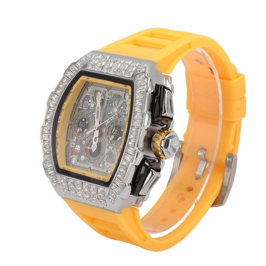 Men Mechanical Watch 30M Waterproof Dial Hollow Automatic Mechanical Wrist Watch with Silicone Strap Silver Yellow
